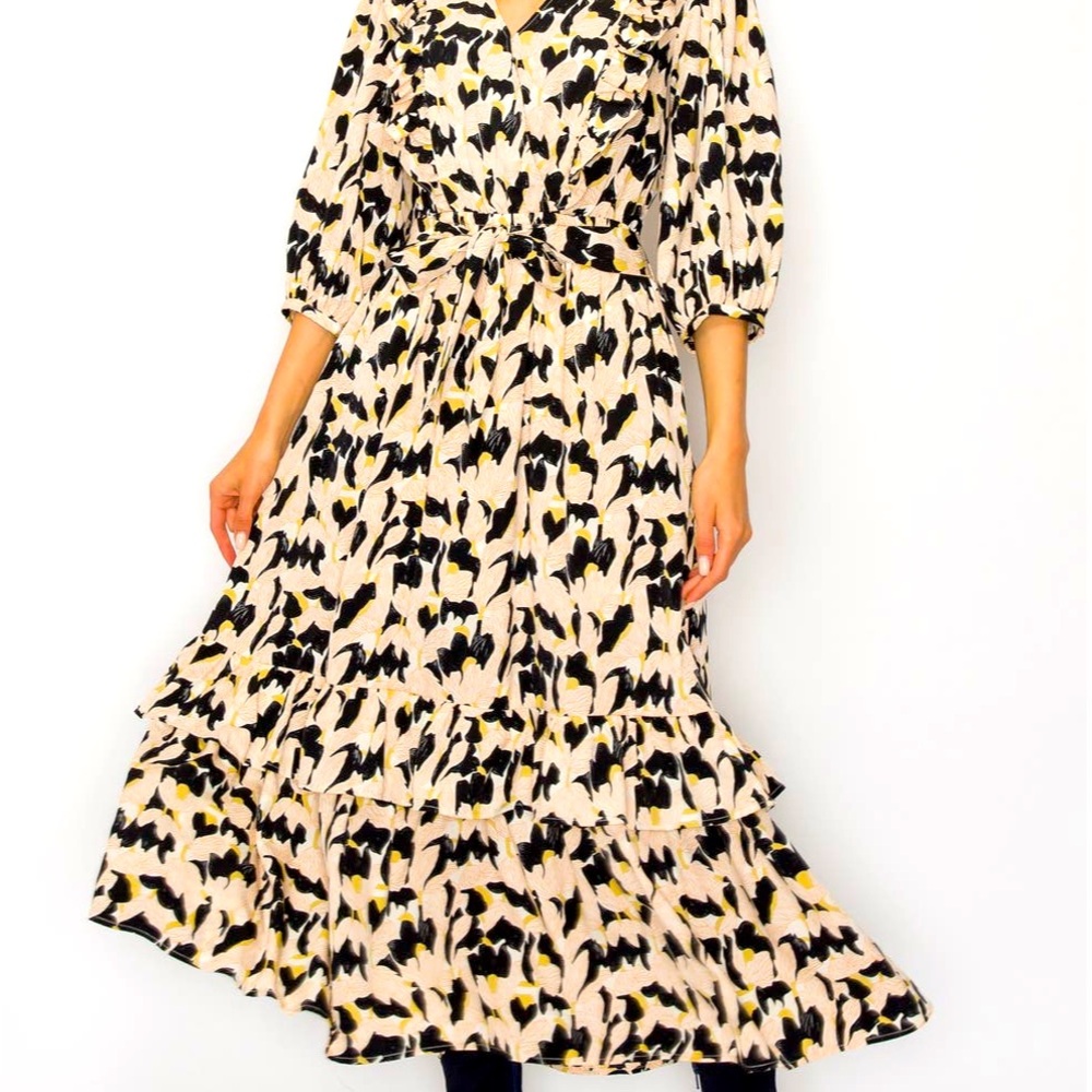 NEW Melloday Tiered Maxi Dress Taupe Black Yellow Abstract Small